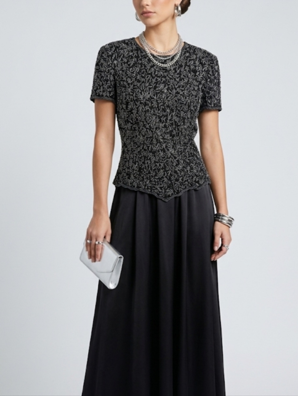 Papell Boutique Evening Blouse, Black Silk, Embroidered Silver Beads Vintage  M